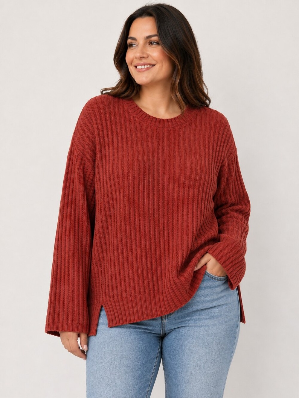 DIP Women's 3X Rust Terracotta Ribbed Knit Crewneck Oversized Sweater NWT